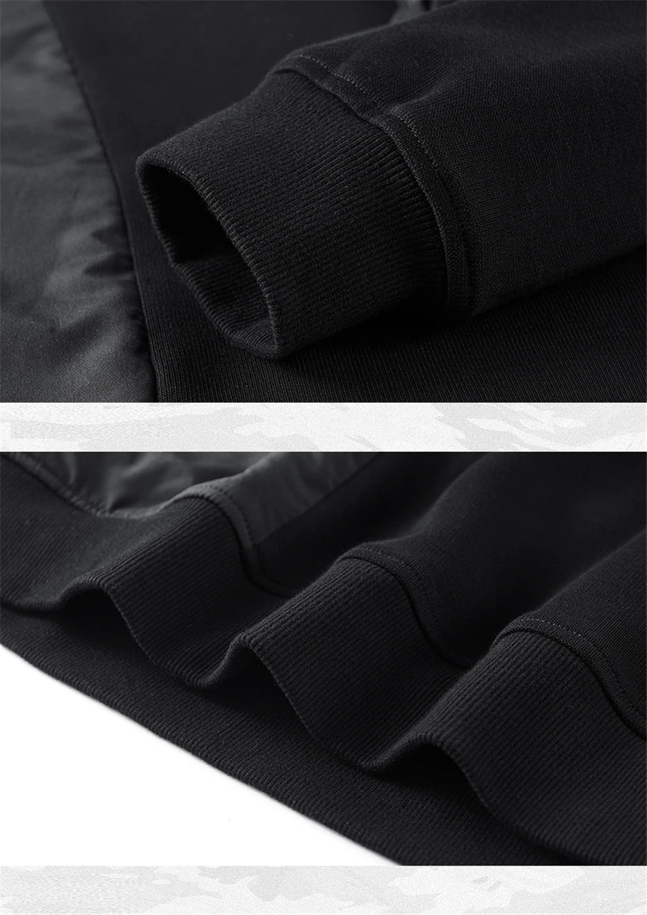 Collage of the Onyx men's patchwork sweatshirt showing ribbed cuff and hem. From Borcelleclothes.