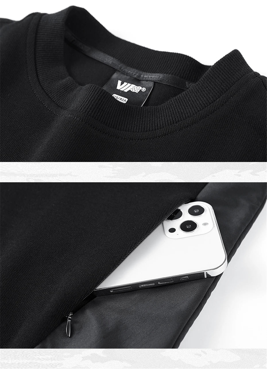 Collage showing the Onyx men's patchwork sweatshirt: ribbed neckband and hidden zipper pocket with phone. From Borcelleclothes.