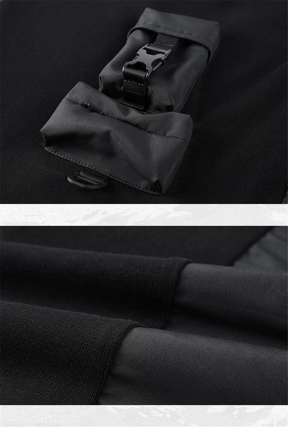 Collage showing the front pouches and two distinct textures of the Onyx men's patchwork sweatshirt. From Borcelleclothes.