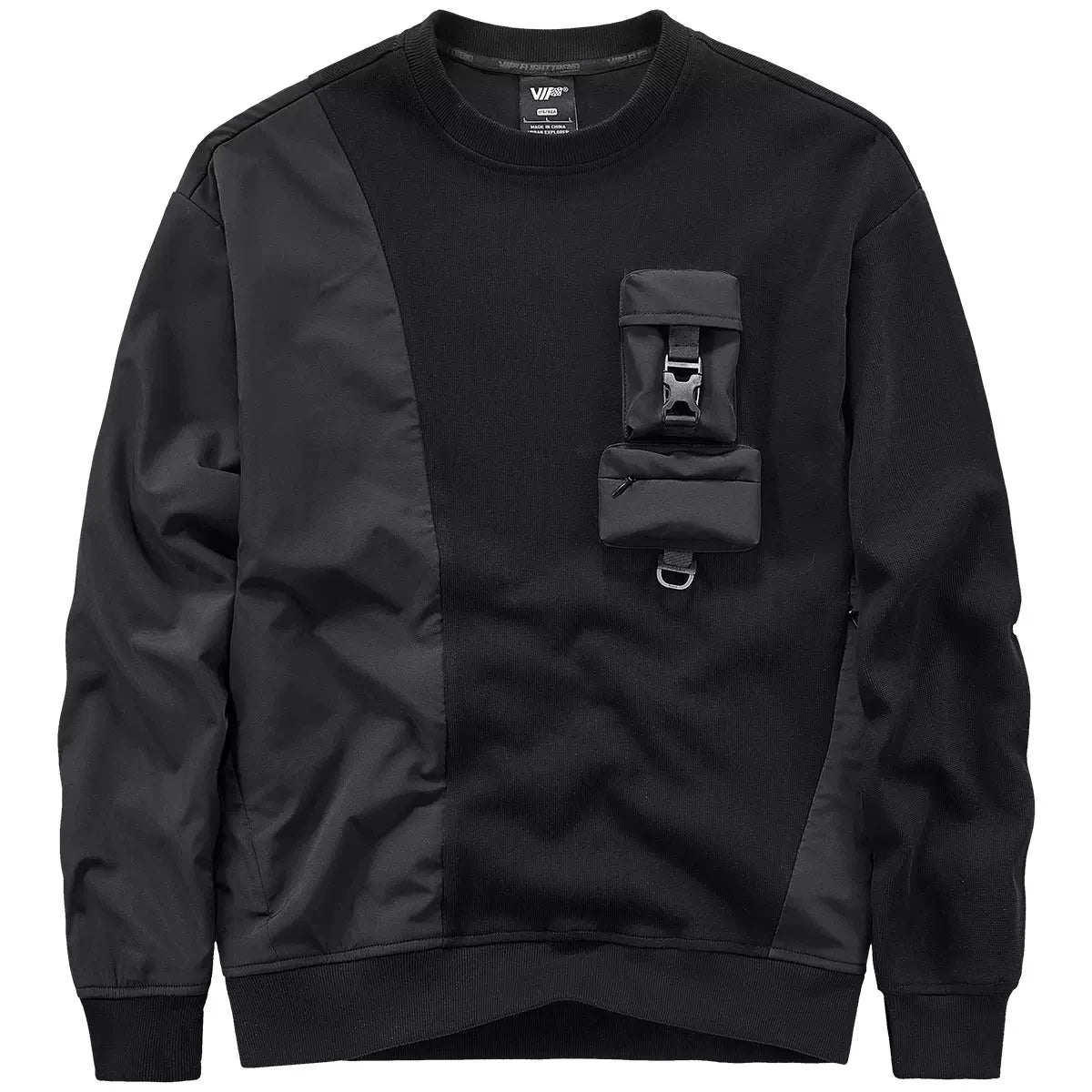 Men’s patchwork sweatshirt  in Onyx with curved panel construction, layered front pouches, and back plaque reading URBAN EXPLORER. From Borcelleclothes.