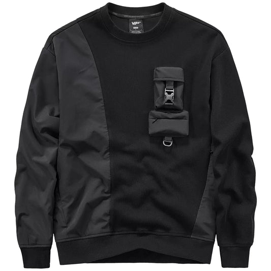 Men’s patchwork sweatshirt  in Onyx with curved panel construction, layered front pouches, and back plaque reading URBAN EXPLORER. From Borcelleclothes.