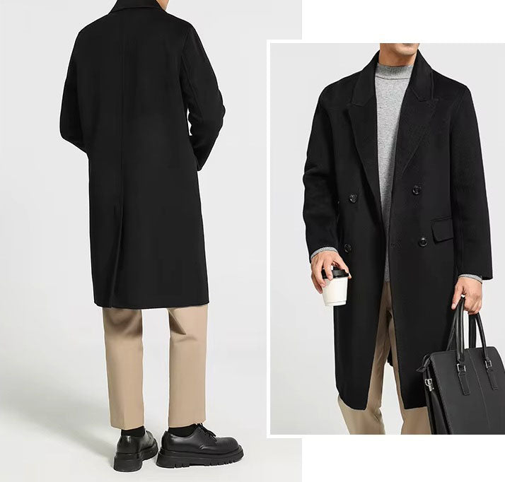 Collage of the Men's Peaked-Lapel Wool Coat in Onyx, featuring front and back views to showcase its structured fit and smooth double-faced wool. From Borcelleclothes.