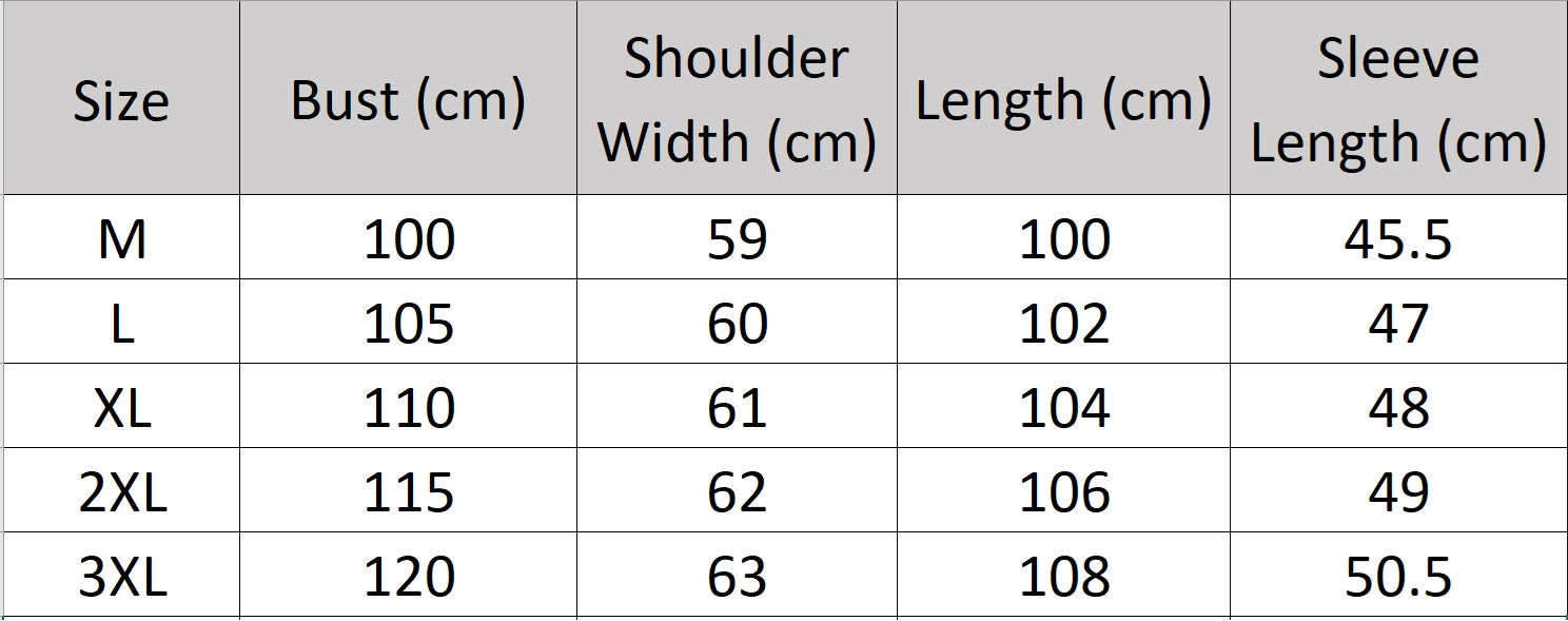 Men’s size chart for a double-breasted wool coat with peaked lapels—crafted for silence, weight, and enduring presence. From Borcelleclothes.