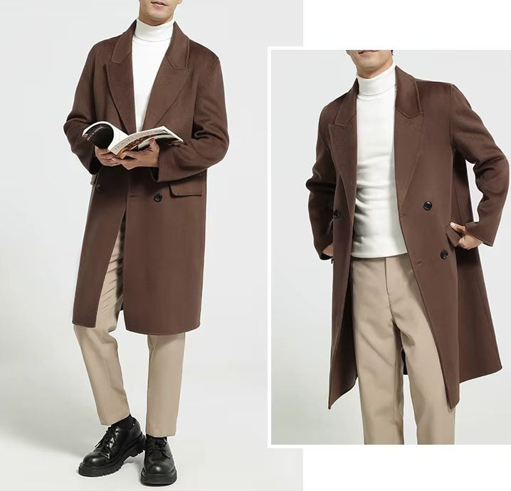 Collage of the Men's Peaked-Lapel Wool Coat in Spice, featuring a model holding a book and touching the flap pockets, showcasing its elegant design. From Borcelleclothes.