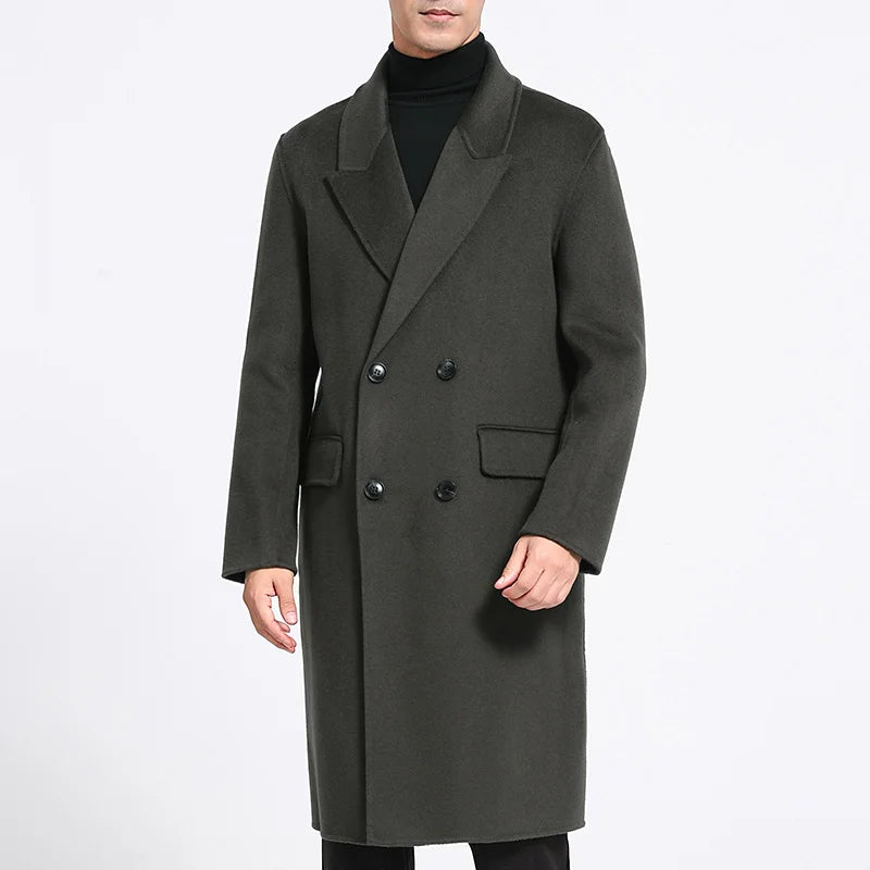 Men’s double-breasted wool coat with peaked lapels in Tautara—crafted for silence, weight, and enduring presence. From Borcelleclothes.