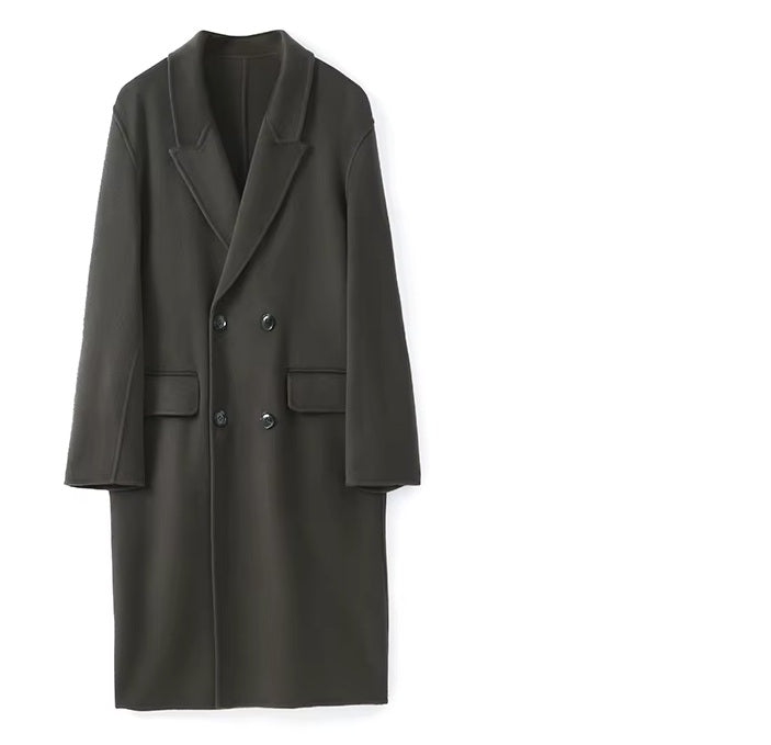 Front of the Men's Peaked-Lapel Wool Coat in Tuatara, showcasing the double-breasted structure, peaked lapels, and elegant fit. From Borcelleclothes.