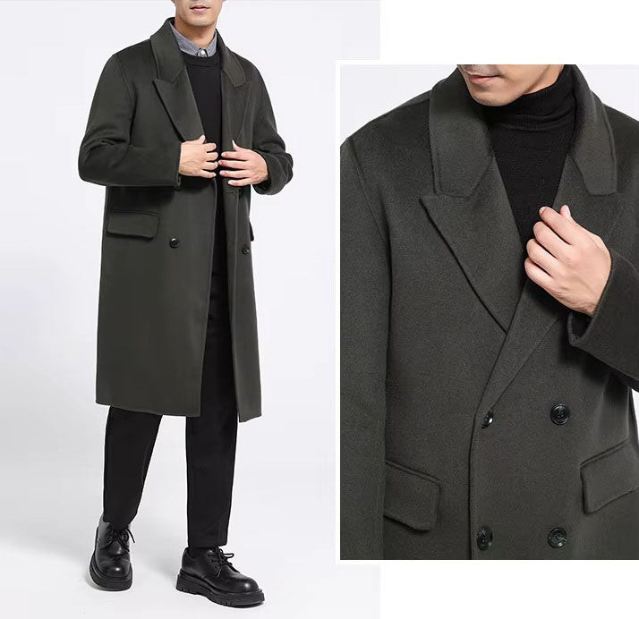 Collage of the Men's Peaked-Lapel Wool Coat in Tuatara, featuring a mid-length and upper-part close-up to highlight tailoring details. From Borcelleclothes.