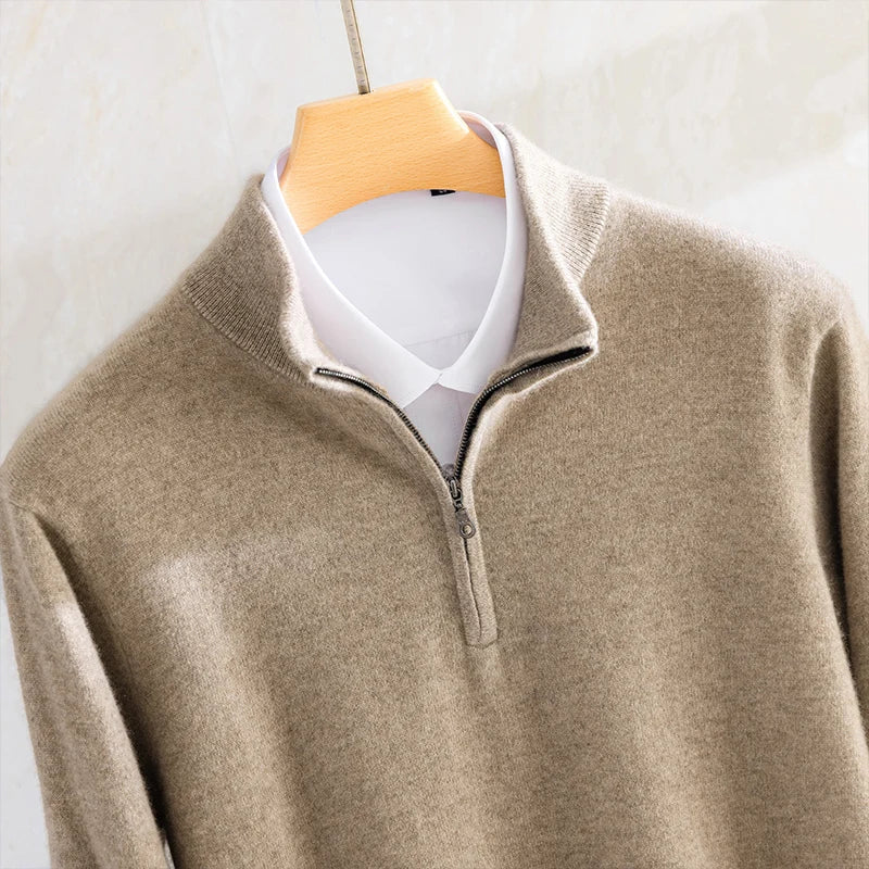 Upper part of the men’s plain stitch cashmere sweater in Sandrift, highlighting the soft collar, shoulder line, and chest area in plain knit — From Borcelleclothes.