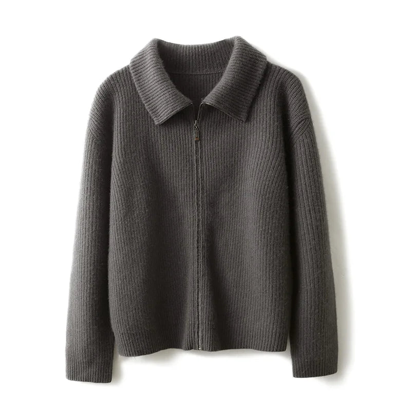 Men’s cashmere cardigan in Concord, with pointed collar and visible metal zipper in textured fisherman’s rib — The Right to Structure. From Borcelleclothes.