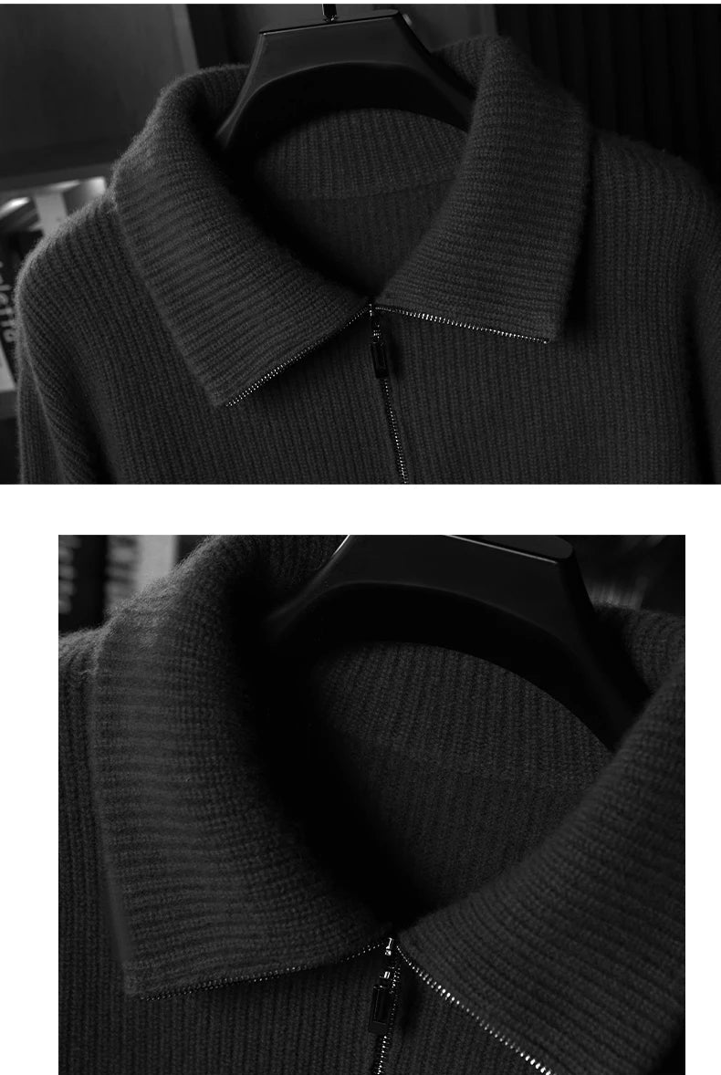 Two-angle collage showing the pointed collar and zipper on the Onyx black cashmere cardigan — From Borcelleclothes.