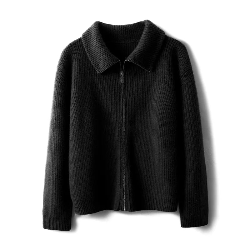 Men’s cashmere cardigan in Onyx, with pointed collar and visible metal zipper in textured fisherman’s rib — The Right to Structure. From Borcelleclothes.