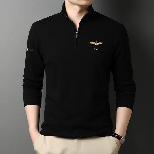 Men's black cotton polo shirt with subtle embroidery, long sleeves, and a stand-up zippered collar from Borcelleclothes.