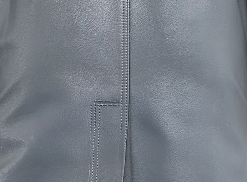 Men’s Regent Grey cowhide leather trench coat, back vent detail — From Borcelleclothes.
