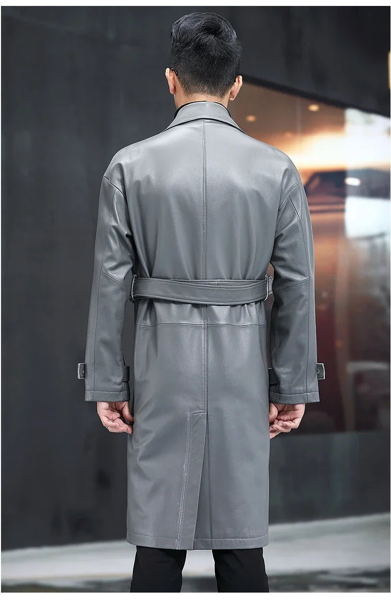 Men’s Regent Grey cowhide leather trench coat, back view — From Borcelleclothes.