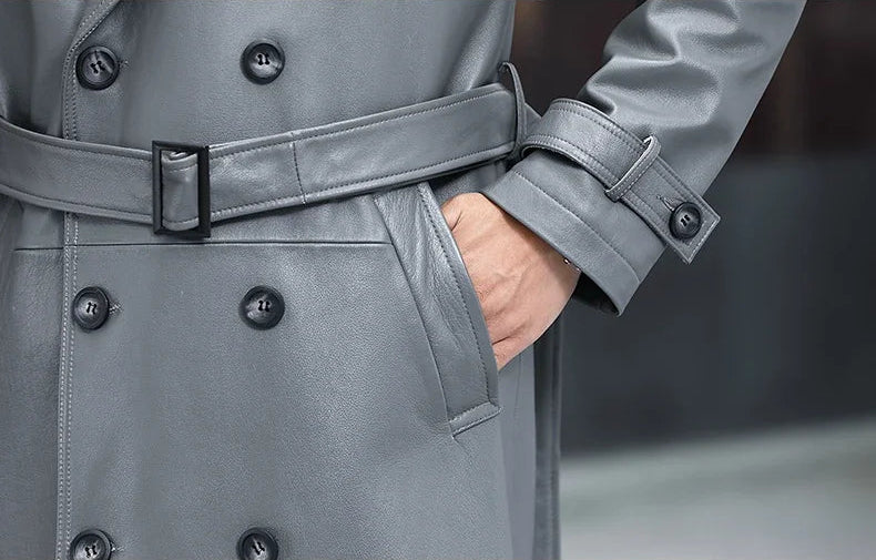 Men’s Regent Grey cowhide leather trench coat, hand-in-pocket middle section — From Borcelleclothes.