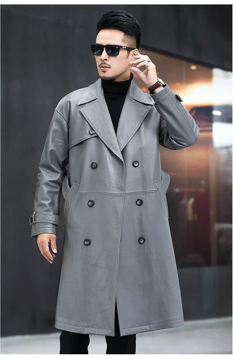 Men’s Regent Grey cowhide leather trench coat, model with raised arm — From Borcelleclothes.