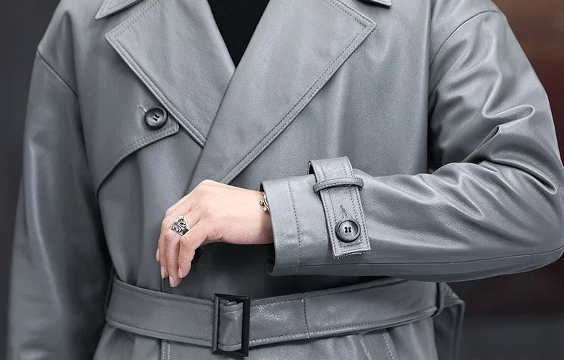Men’s Regent Grey cowhide leather trench coat, sleeve cuff detail — From Borcelleclothes.