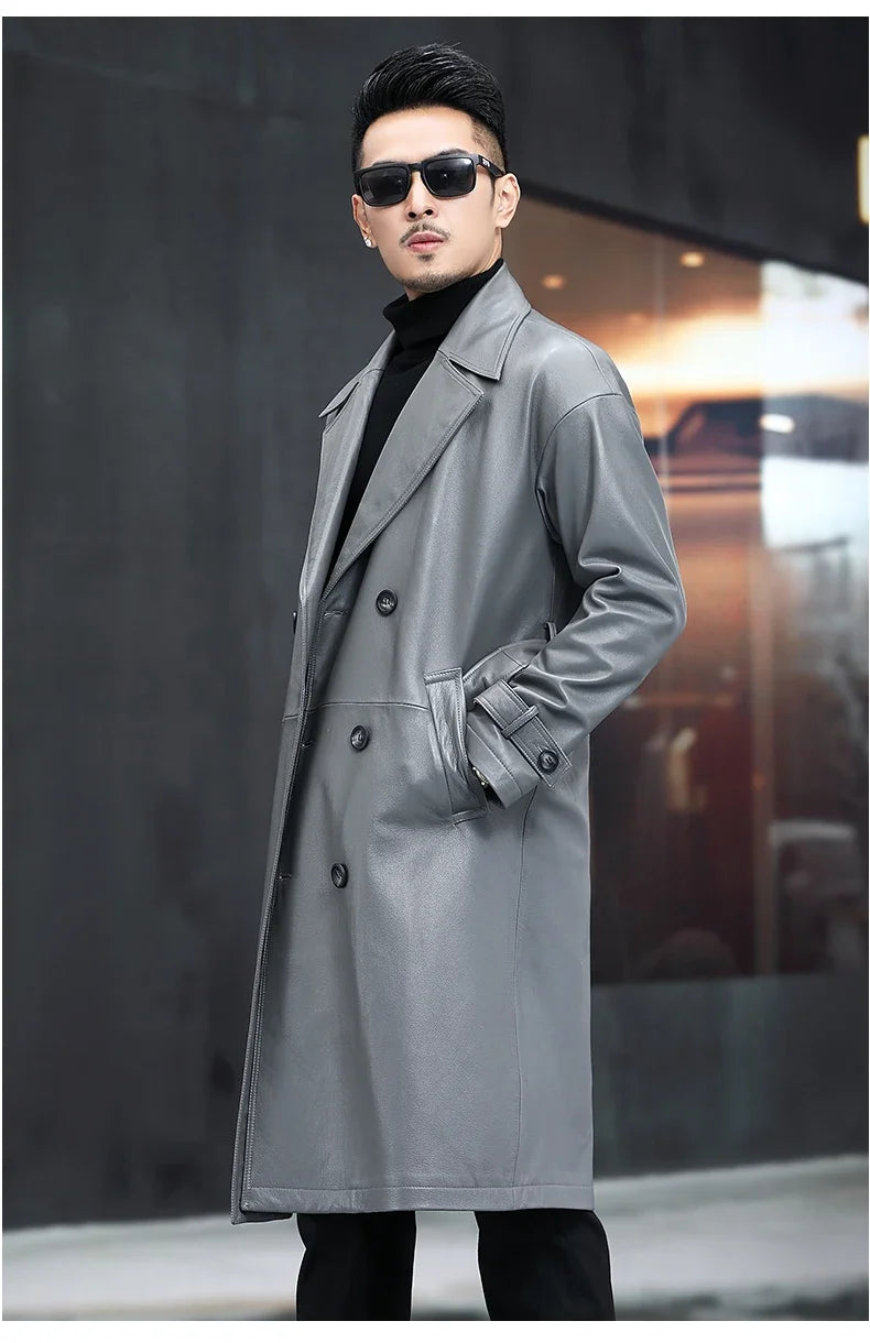 Men’s Regent Grey cowhide leather trench coat, model turned slightly to the side — From Borcelleclothes.