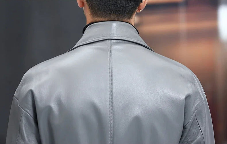 Men’s Regent Grey cowhide leather trench coat, upper back section — From Borcelleclothes.