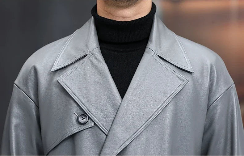 Men’s Regent Grey cowhide leather trench coat, upper front section — From Borcelleclothes.