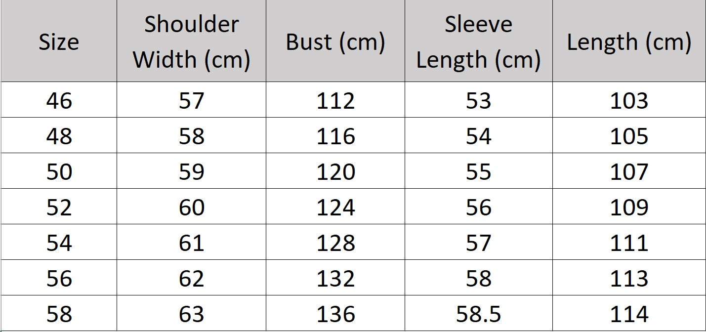 Men’s size chart for a Regent Grey cowhide leather trench coat with angled right storm flap, double-breasted front, belt, and back vent — From Borcelleclothes.