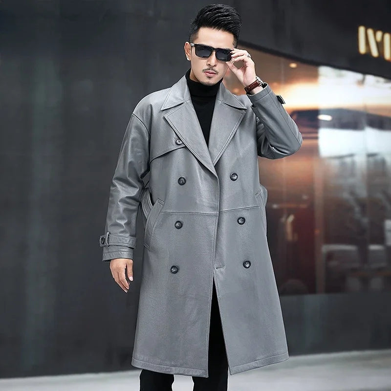 Men’s Regent Grey cowhide leather trench coat with angled right storm flap, double-breasted front, belt, and back vent — From Borcelleclothes.