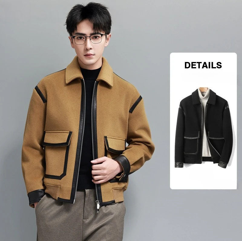 Wool-and-cashmere jackets in Lion and Onyx with leather trims, collage showing model touching front side of Lion jacket — From Borcelleclothes.