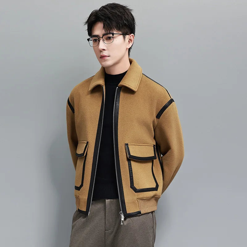 Men's Wool-and-cashmere jacket in Lion,  with leather trims, large patch pockets, and ribbed hem integrated into sides and back — from Borcelleclothes.