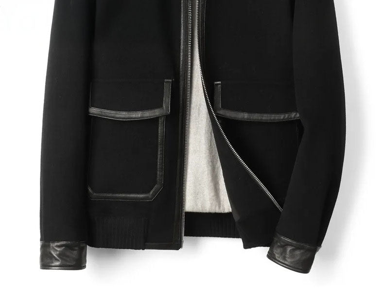 Wool-and-cashmere jacket in Onyx with leather trims, bottom front part view — From Borcelleclothes.