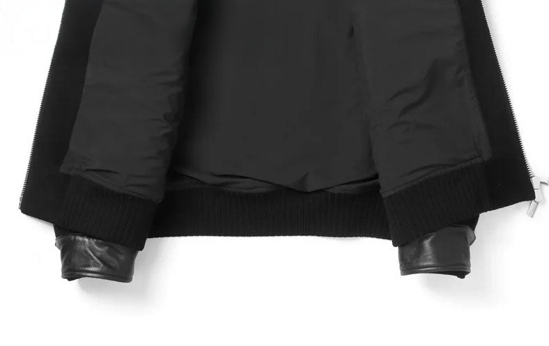 Wool-and-cashmere jacket in Onyx with leather trims, bottom part of front panel unfolded — From Borcelleclothes.