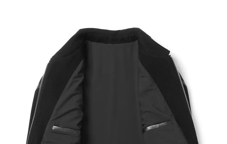 Wool-and-cashmere jacket in Onyx with leather trims, upper part of front panel unfolded — From Borcelleclothes.