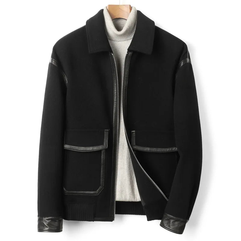Men's Wool-and-cashmere jacket in Onyx, with leather trims, large patch pockets, and ribbed hem integrated into sides and back — from Borcelleclothes.