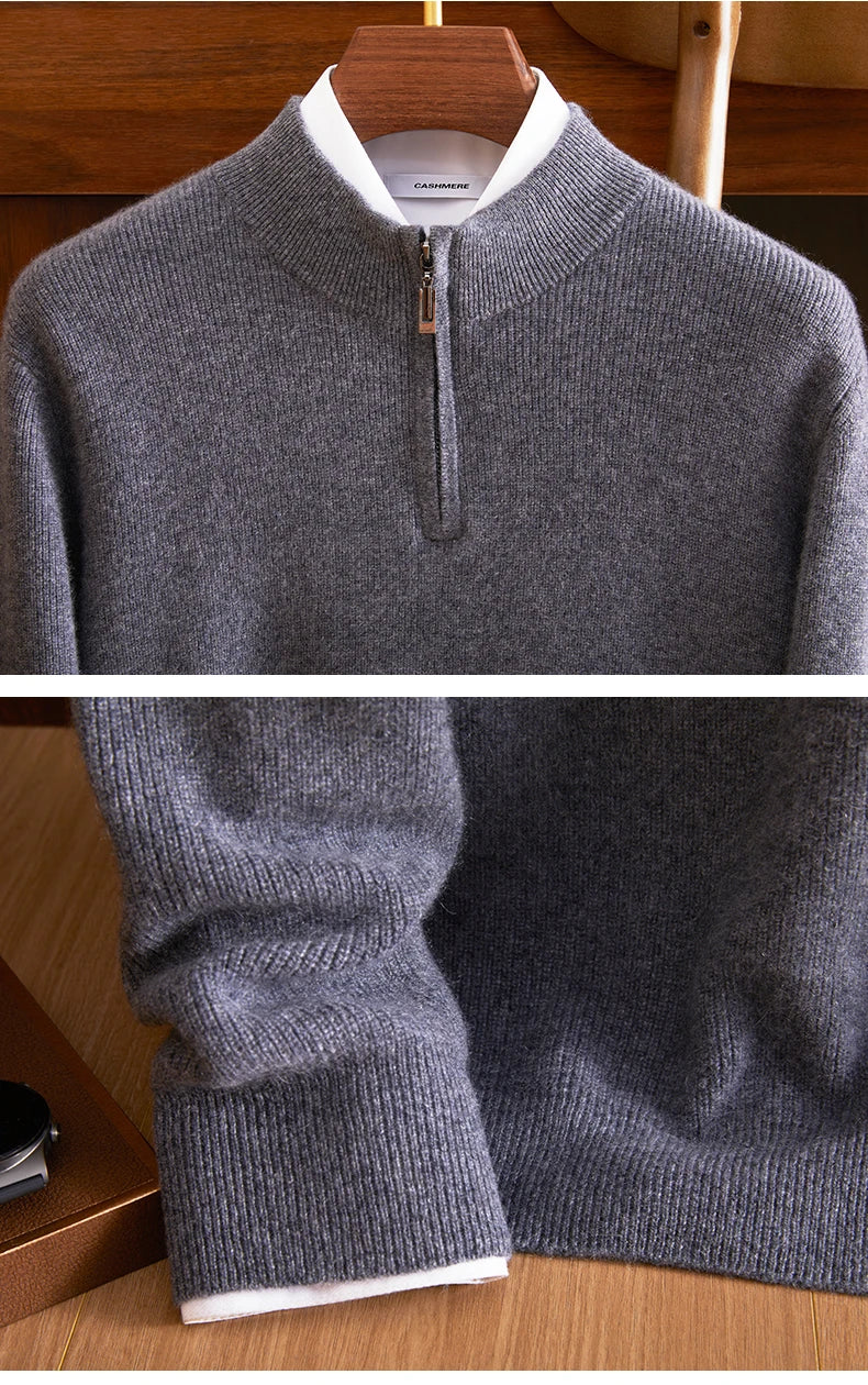 Collage of upper part and cuffs of the ribbed Himalayan cashmere sweater in Davy Grey — From Borcelleclothes.