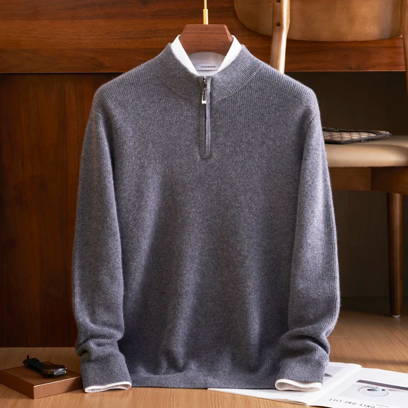 Men's Ribbed Himalayan cashmere sweater in Davy Grey, with a concealed half-zip placket and fisherman knit texture — From Borcelleclothes.