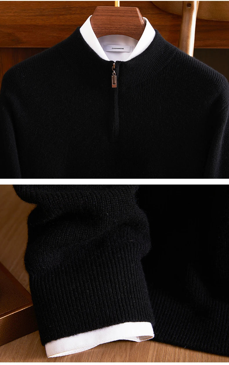 Collage of upper part and cuffs of the ribbed Himalayan cashmere sweater in Onyx — From Borcelleclothes.