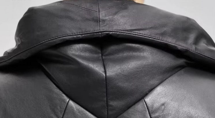 Rear view of collar design with set-in hood detail on men’s Onyx sheepskin down jacket. From Borcelleclothes.