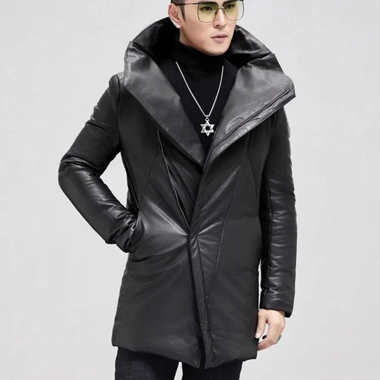 Model stands with hand entering side-seam pocket, revealing panel flow and construction in Onyx sheepskin jacket. From Borcelleclothes.