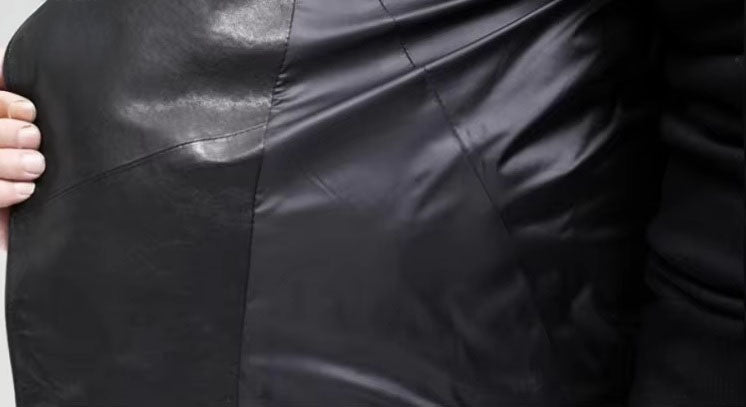 Interior view of sheepskin down jacket showing smooth lining and down-filled insulation. From Borcelleclothes.