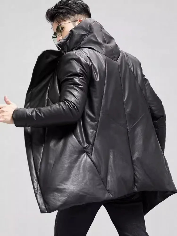 Back view of men’s mid-thigh sheepskin down jacket in Onyx, showing smooth paneling and hood structure. From Borcelleclothes.