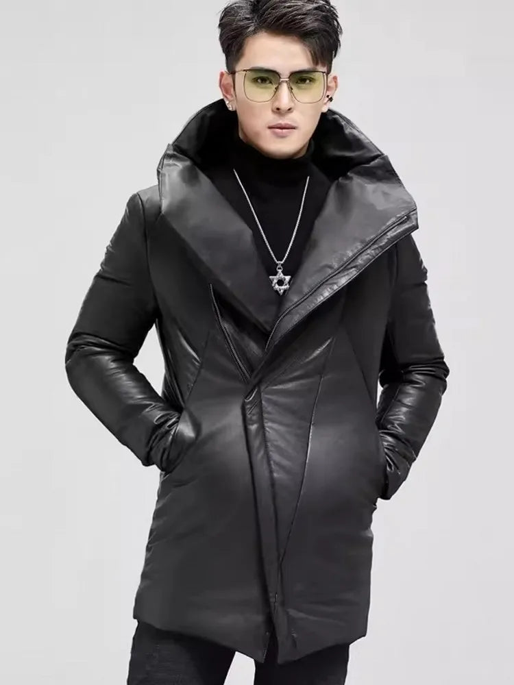Model standing with hands in side pockets of Onyx jacket, showing angular silhouette and mid-thigh length. From Borcelleclothes.