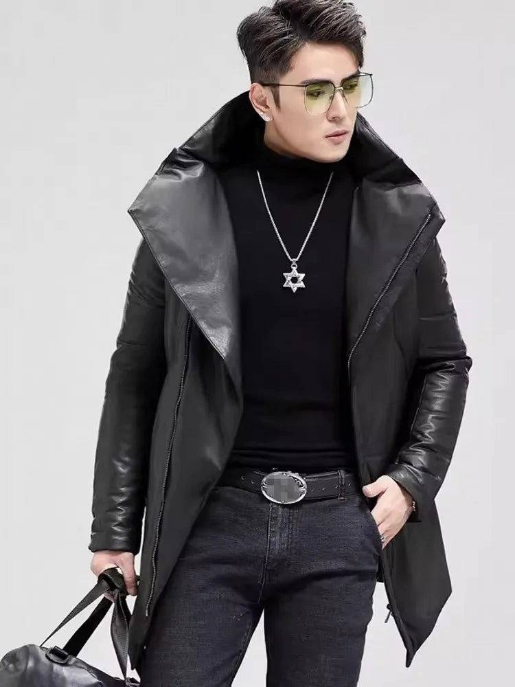 Model holding oversized bag while wearing Onyx sheepskin down jacket, illustrating mobility and contemporary contrast. From Borcelleclothes.