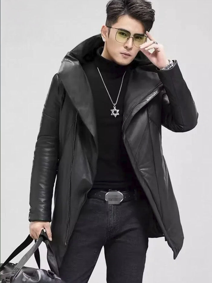 Model in Onyx sheepskin down jacket adjusting yellow glasses, highlighting diagonal zipper and structured collar. From Borcelleclothes.