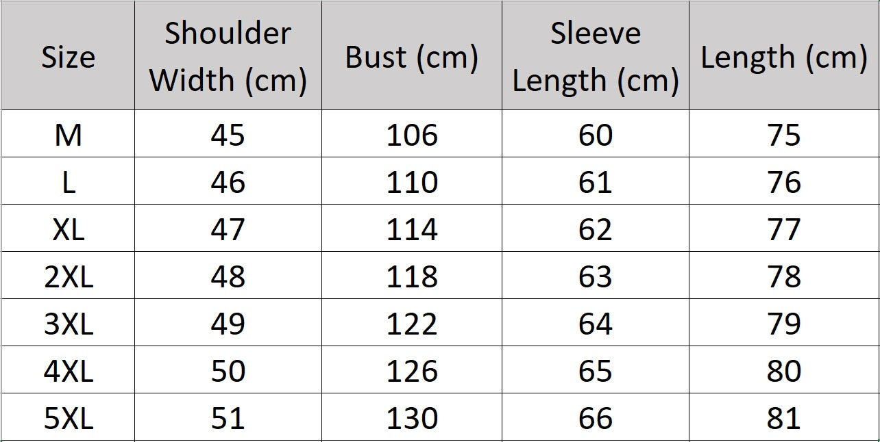 Men’s size chart for a mid-thigh sheepskin down jacket in Onyx featuring expanded collar with hood-inspired structure, diagonal zipper, and angular panel construction. From Borcelleclothes.