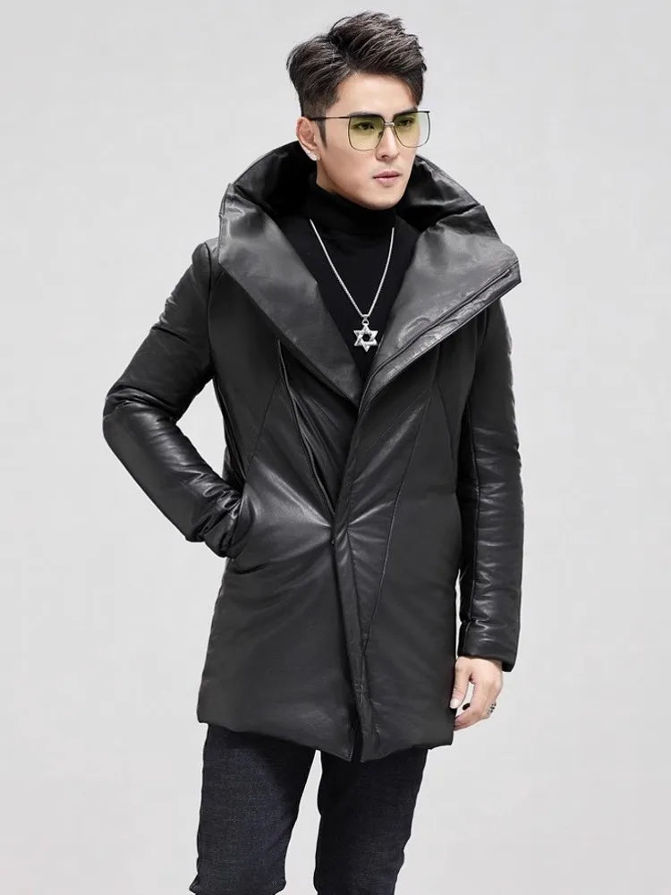 Men’s mid-thigh sheepskin down jacket in Onyx featuring expanded collar with hood-inspired structure, diagonal zipper, and angular panel construction. From Borcelleclothes.