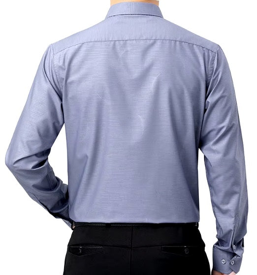 The back of the Men’s long sleeve silk shirt in Blue Haze featuring a refined haze pattern with subtle feather accents for an elegant and timeless look. From Borcelleclothes.