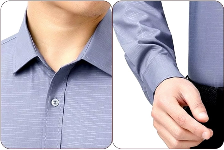 Detailed stitching and textured fabric on the collar and the cuff of the Men’s long sleeve silk shirt in Blue Haze featuring a refined haze pattern with subtle feather accents for an elegant and timeless look. From Borcelleclothes.