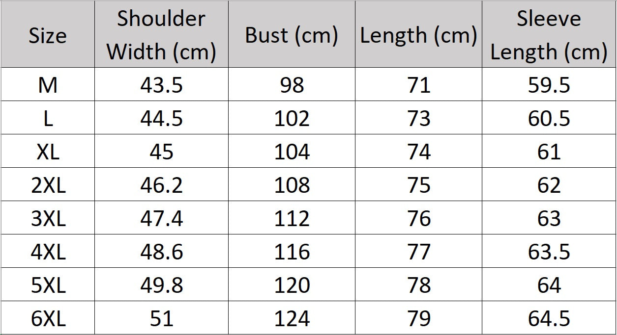 Men’s size chart for the long sleeve silk shirt, featuring a refined haze pattern with subtle feather accents for an elegant and timeless look. From Borcelleclothes.