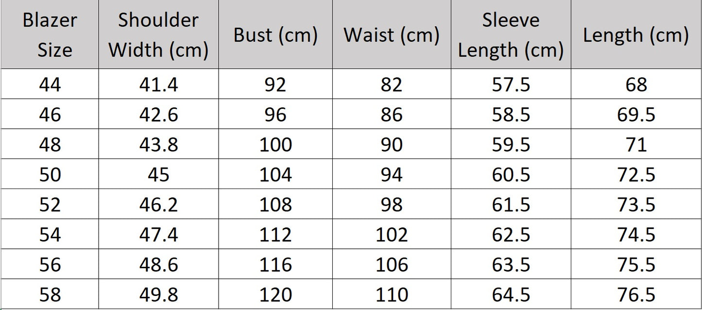 Men’s size chart for a blazer of the double-breasted suit in Soft Amber with peaked lapels and horn buttons, tailored for a composed, aristocratic presence. From Borcelleclothes.