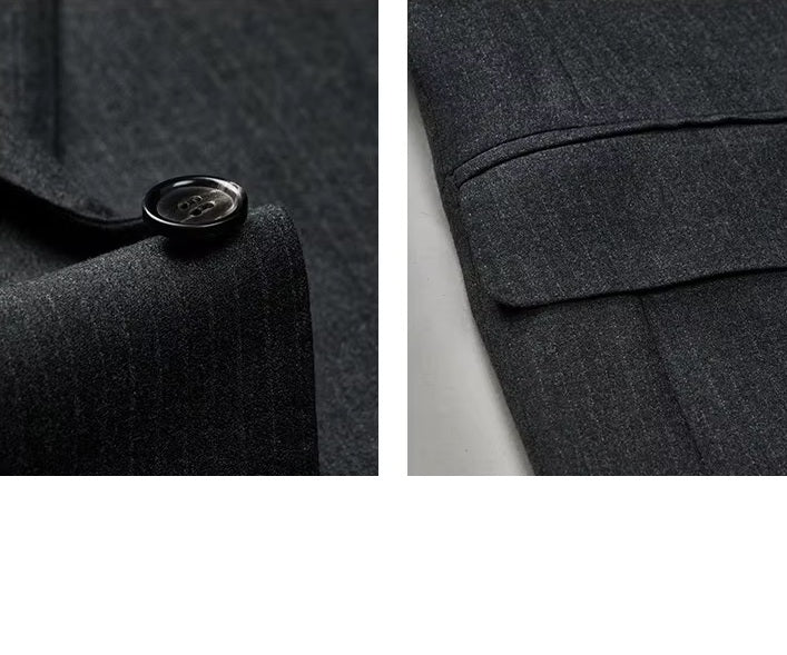 Collage showcasing the blazer button and side flap pocket on the Borcelleclothes Men's Steel Grey Pinstriped Suit, emphasizing the elegant finishing and functional design.