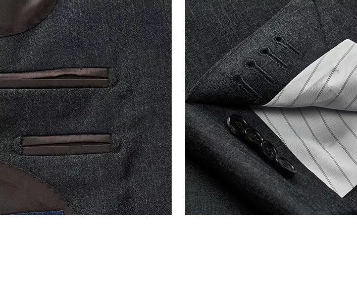 Collage displaying the interior double-welt pockets and unfastened sleeve placket on the Borcelleclothes Men's Steel Grey Pinstriped Suit blazer, highlighting thoughtful craftsmanship and attention to detail.